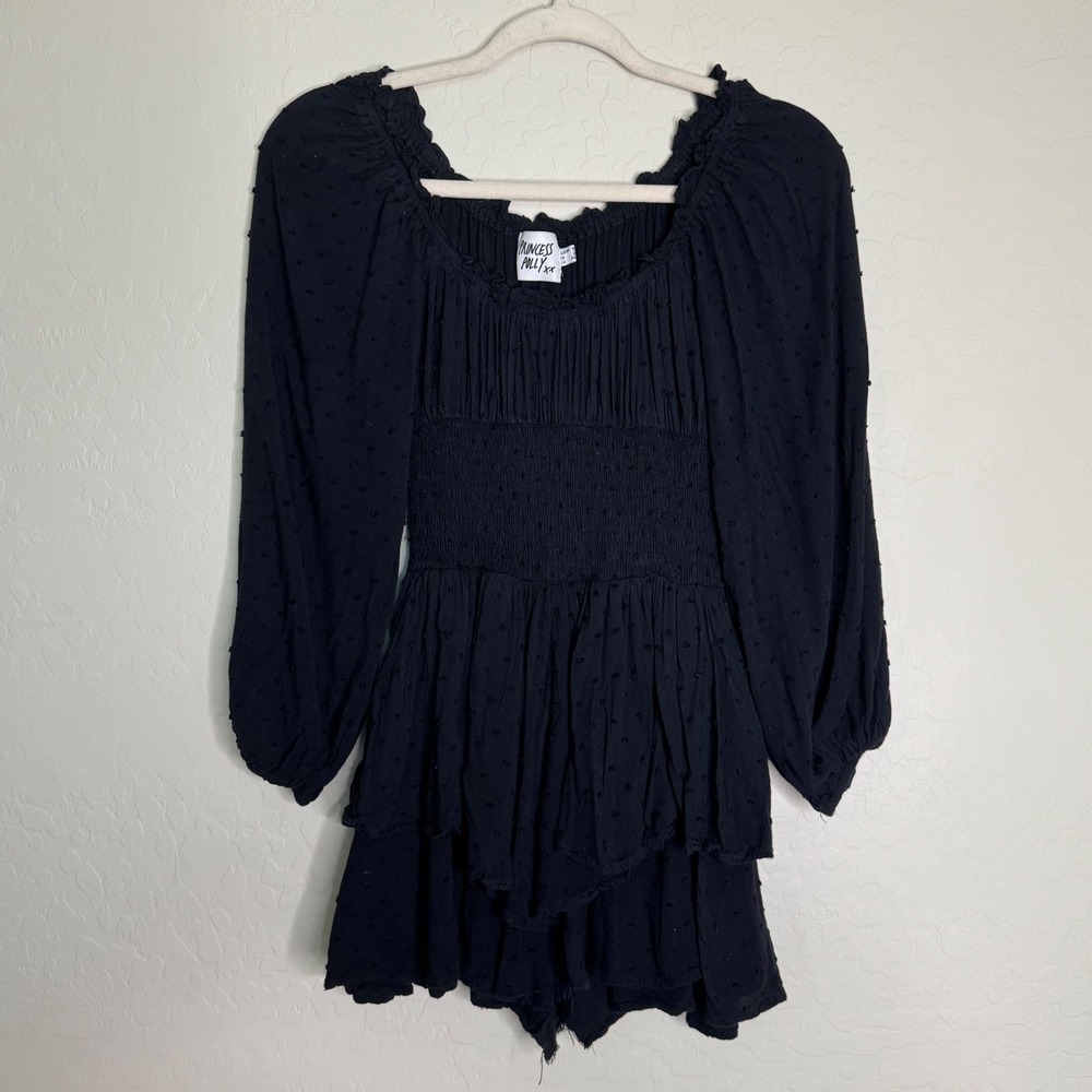 Princess Polly Women Dress 2 Black Smocked Swiss Dot Mini‎ Boho Witchy Romantic